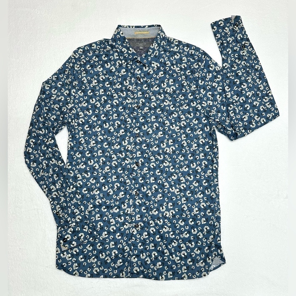 Ted Baker London Men’s Floral Print Long Sleeve Button Up Shirt, 16, Dark Blue